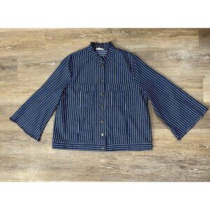 Easel Sz S Blue White Chambray Denim Railroad Striped Bell Sleeve Frayed Jacket